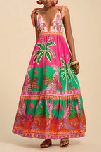 Bow Shoulder V Neck Sleeveless Printed Maxi Vacation Dress