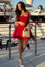 Square Neck Wide Strap Princess Seam Fit and Flare Skater Mini Dress