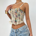 Lace up smocked lace hem flower pattern cami top  | Festival Outfits Women