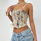 Lace up smocked lace hem flower pattern cami top  | Festival Outfits Women