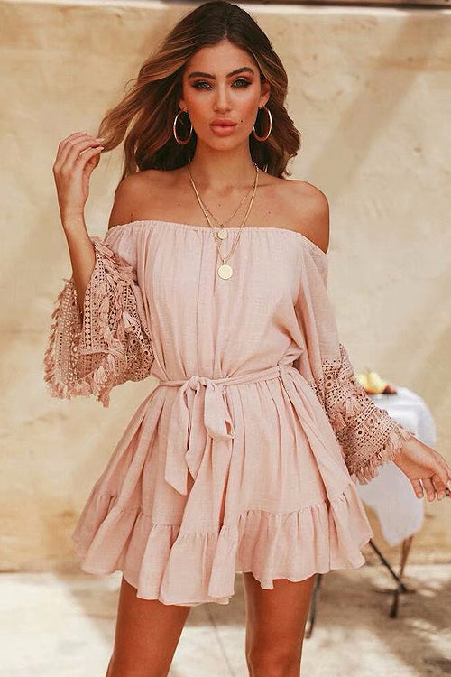Off-the-Shoulder Bell Sleeve Eyelet Lace Fringe Trim Tie Waist Wrap Mini Dress