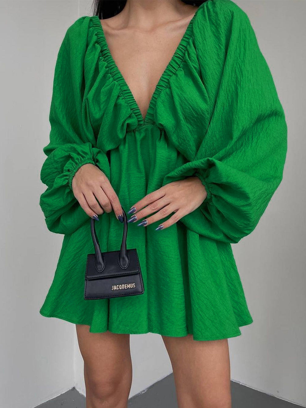 Deep V Neck Lantern Sleeve Pleated Waist Belted Mini Dress