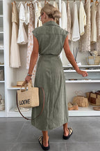 Sleeveless Collared Button Down Tie Waist Chest Pocket Midi Shirt Dress