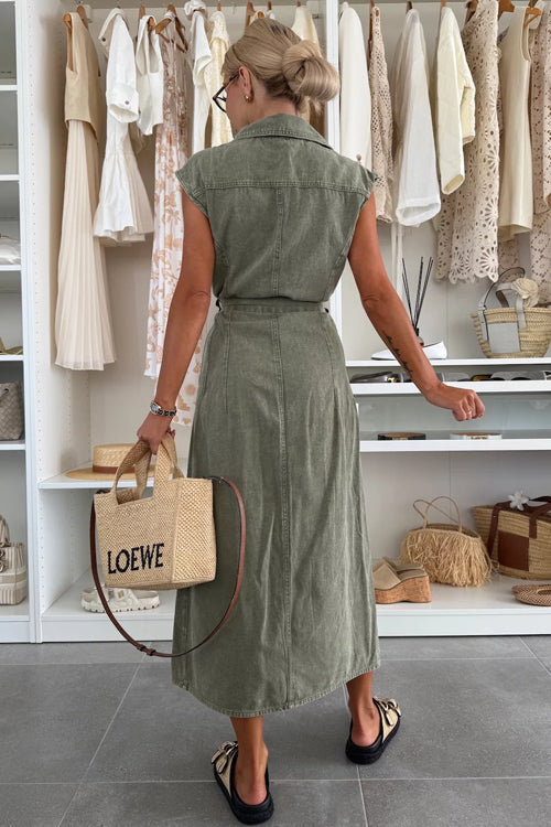 Sleeveless Collared Button Down Tie Waist Chest Pocket Midi Shirt Dress