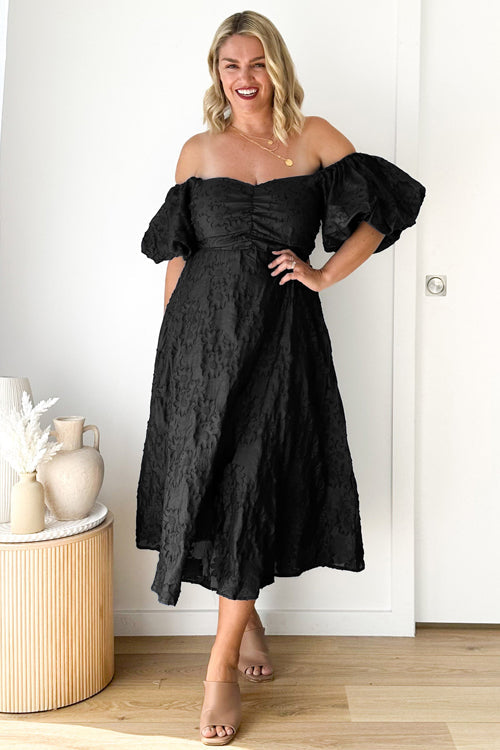 Off Shoulder Ruched Bust Puff Sleeve Floral Jacquard Midi Dress