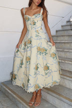 Lace Trim Drawstring Floral Print Midi Cami Dress