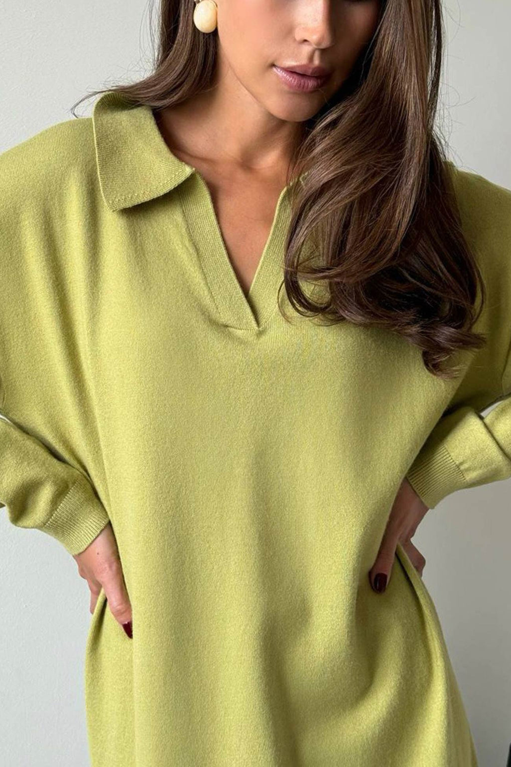 Lapel Long Sleeve Loose Knit Dress