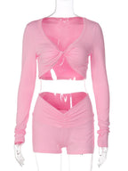 Knotted Long-sleeved Top Tight Shorts Exercise And Fitness 2-piece Sets