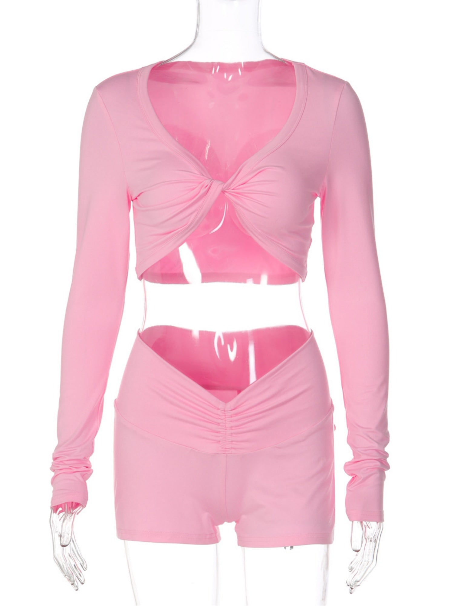 Knotted Long-sleeved Top Tight Shorts Exercise And Fitness 2-piece Sets