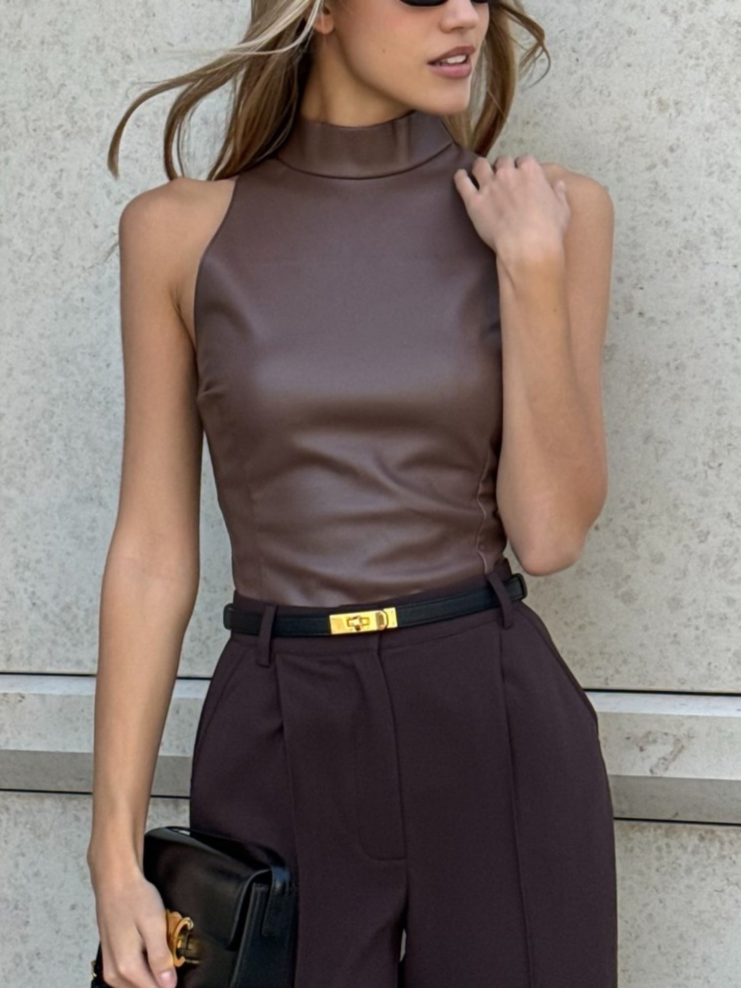 PU Leather High Neck Sleeveless Tank Tops&Camis