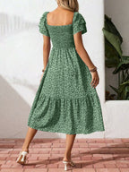 Floral Print Square Neckline And Puff Sleeves Maxi Dresses