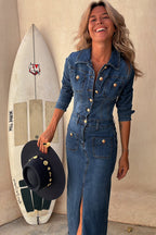 Denim Button Front Patch Pocket Center Slit Long Sleeve Midi Dress