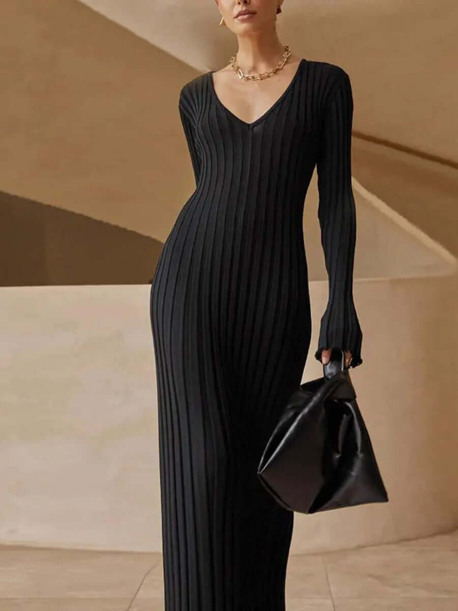 Deep V-Neck Ribbed Knit Long Sleeve Lettuce Edge Trim Maxi Dress