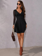 V-neck Sexy Slim Fit Mesh Long Sleeve Parties Grace Workplace Mini&Short Dresses