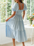 Plaid Puff Sleeve U-neck Mini&Short Dresses