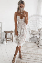 Scalloped Lace Deep V-Neck Spaghetti Strap Fit and Flare Midi Dress