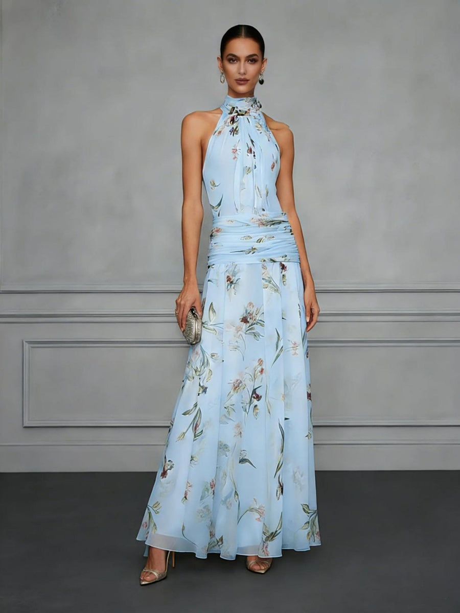 Halter Printed Temperament Waist Parties Maxi Dresses