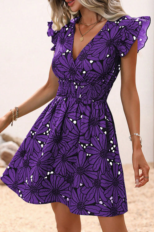 Large Floral Print Wrap V-Neck Flutter Sleeve Smocked Waist Flared Mini Dress