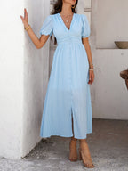 Slit Short Sleeve V-neck Vacation And Leisure Maxi Dresses