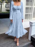 Straps Puff Sleeve U-neck Long Sleeve Maxi Dresses