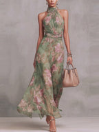 Floral Vacation Formal Dress Halter Maxi Dresses