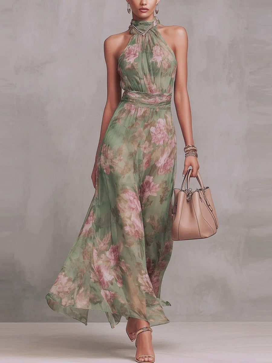 Floral Vacation Formal Dress Halter Maxi Dresses