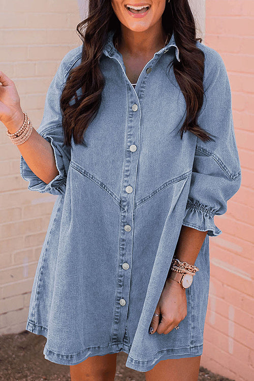 Denim Button Front Chevron Yoke Ruffle Cuff Shirt Mini Dress