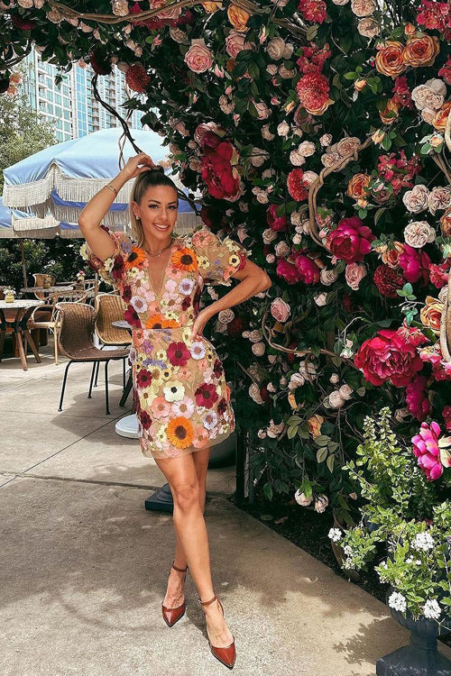 3D Floral Applique Puff Sleeve V Neck Sheer Mesh Mini Dress