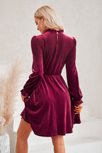 Velvet Ruffled Mock Neck Bishop Sleeve Elastic Waist A Line Mini Dress