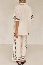 Cotton Linen Short Sleeves Button Down Shirt Elastic Waist Wide Leg Pants Printed Set