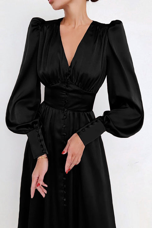 Deep V-Neck Bishop Sleeve Button Front Smocked Waist Midi Dress
