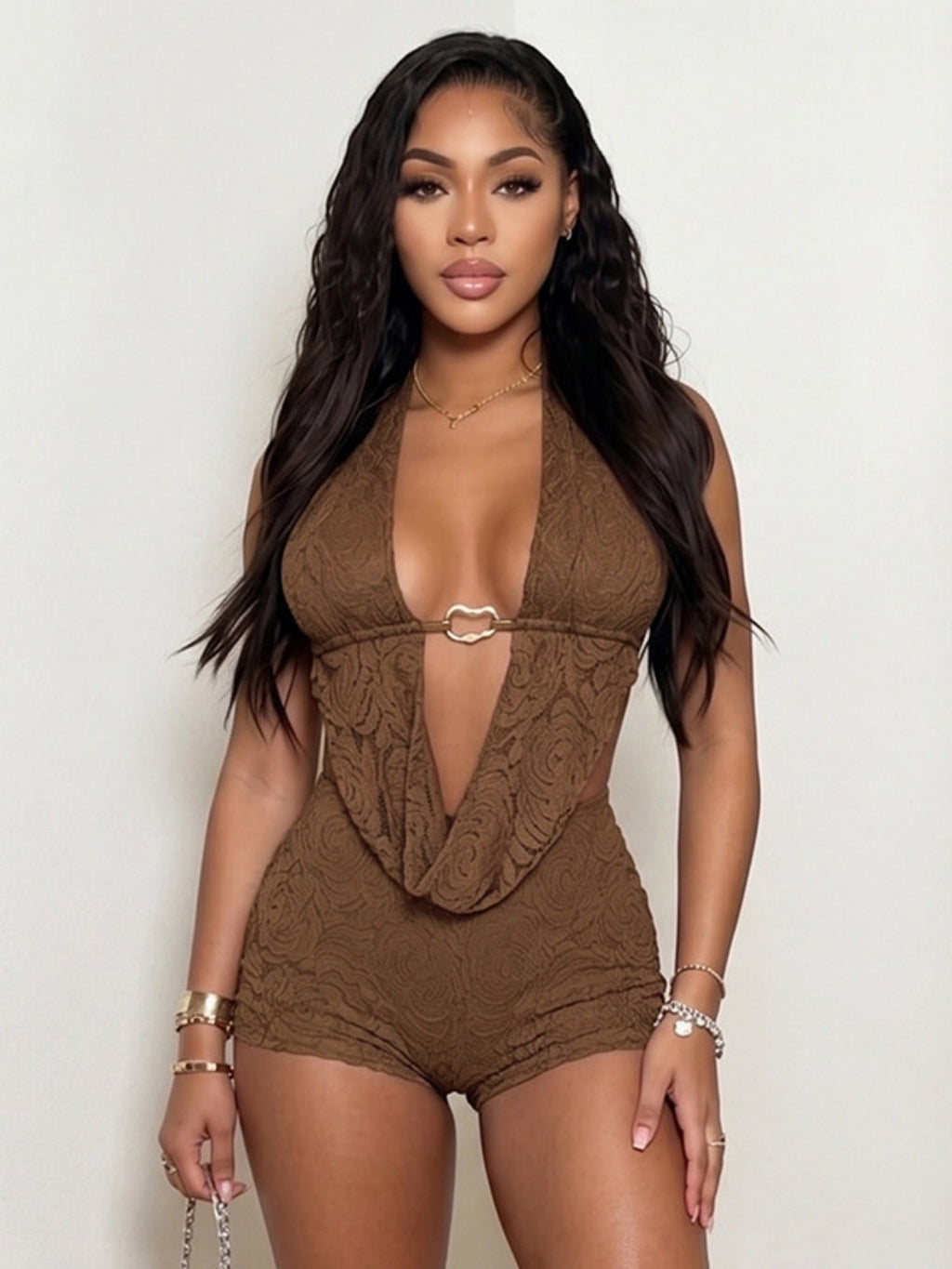 Lace Sway Neck Backless Top Slim-fit Shorts 2-piece Sets