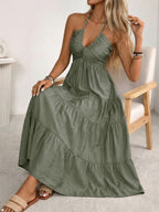 Halter V-neck Drawstring Loose-fit Vacation Maxi Dresses
