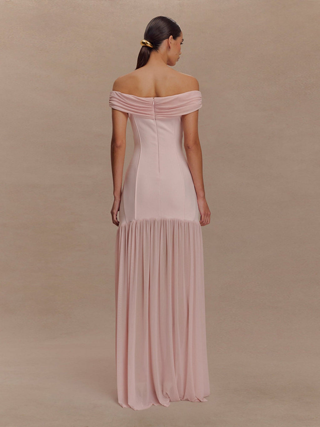 Mesh Splicing Off-shoulder Pleated Backless Maxi Dresses