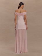 Mesh Splicing Off-shoulder Pleated Backless Maxi Dresses