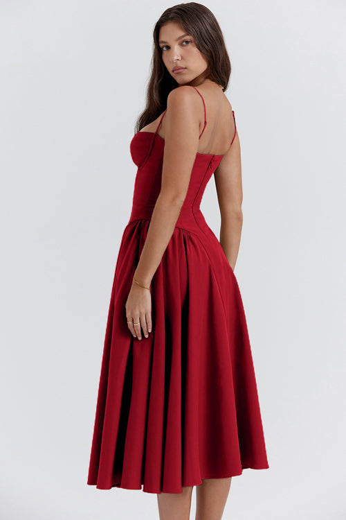 Spaghetti Strap Corset Bodice Box Pleat A-Line Midi Dress