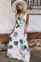 Tropical Palm Leaf Print Halter Neck Sleeveless Maxi Dress