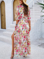 Printed Straps V-neck Short Sleeve Slit Maxi Dresses