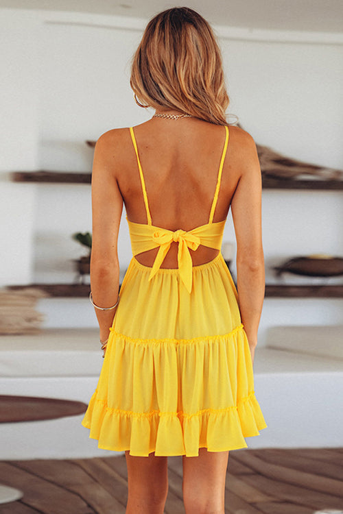 Lace Plunging V-Neck Spaghetti Strap Empire Waist Tiered Ruffle Mini Dress