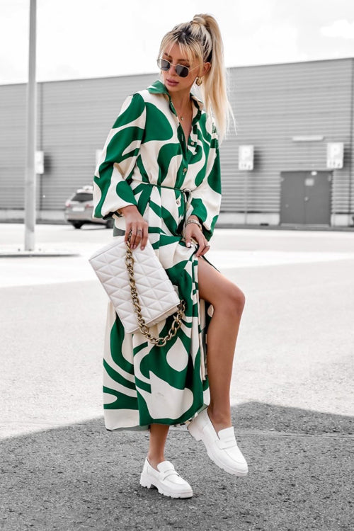 Abstract Print Long Sleeve Button Down Tiered Hem Side Slit Maxi Shirt Dress