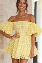 Off-the-Shoulder Puff Sleeve Windowpane Check Smocked Waist Mini Dress