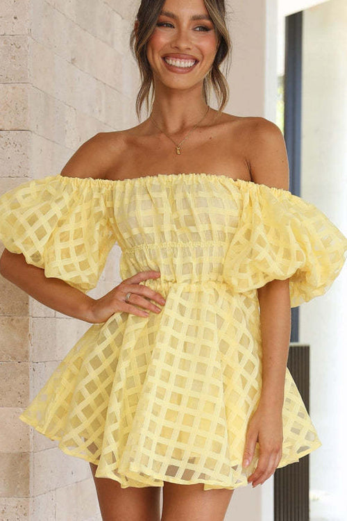 Off-the-Shoulder Puff Sleeve Windowpane Check Smocked Waist Mini Dress