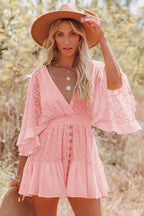 Lace Deep V-Neck Bell Sleeve Smocked Waist Button Front Ruffle Hem Mini Dress