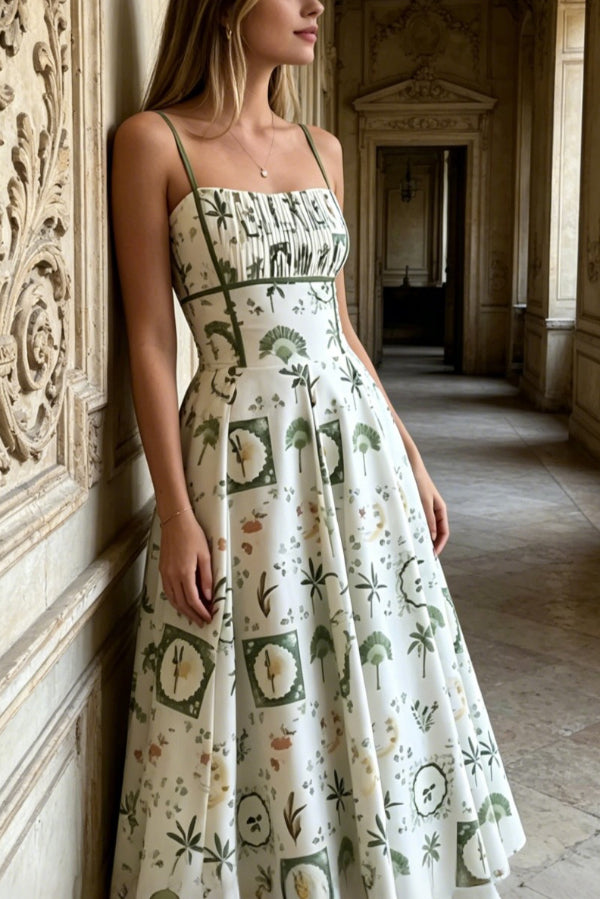 Unique Printed Thin-strapped Pleated Waist Casual Maxi Dress