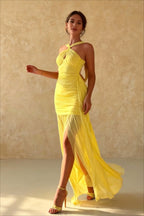 Halter Neck Keyhole Ruched High Split Pleated Maxi Dress