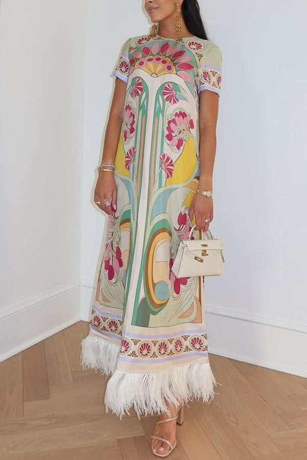 Jazlynn Satin Colorful Baroque Style Printed Short Sleeve Feather Trim Maxi Dress