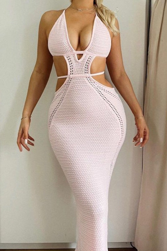 Plunging Halter Neck Crochet Waist Cut Out Open Knit Maxi Dress