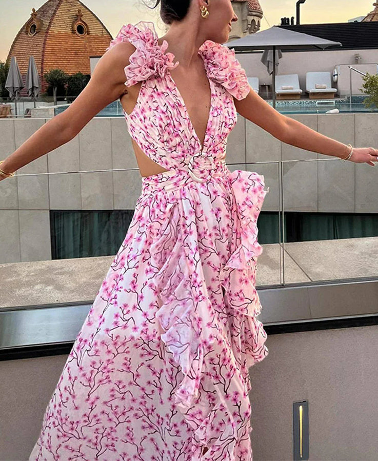 Floral Print Plunging V-Neck Ruffle Strap Waist Cut Out Tiered Maxi Dress