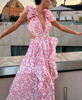 Floral Print Plunging V-Neck Ruffle Strap Waist Cut Out Tiered Maxi Dress