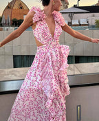 Floral Print Plunging V-Neck Ruffle Strap Waist Cut Out Tiered Maxi Dress